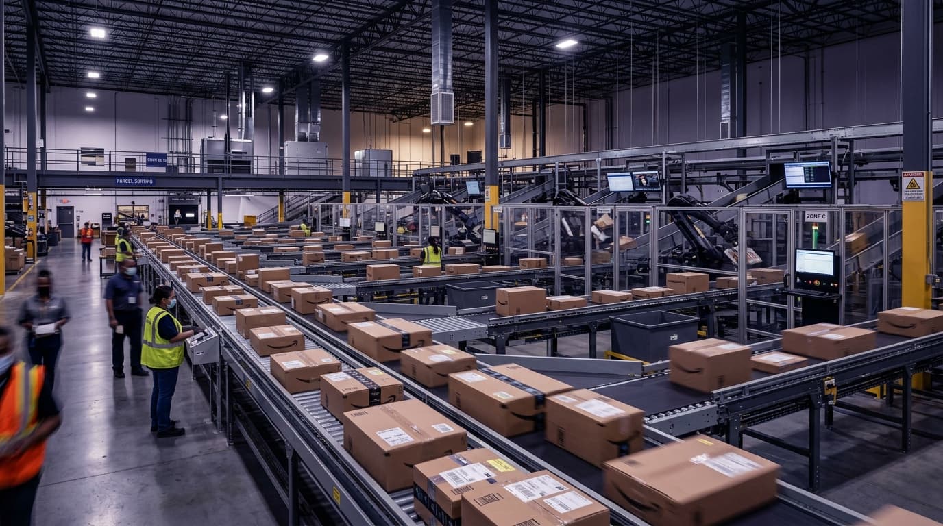 High-volume e-commerce fulfillment conveyor sorting and automated dispatch logistics facility