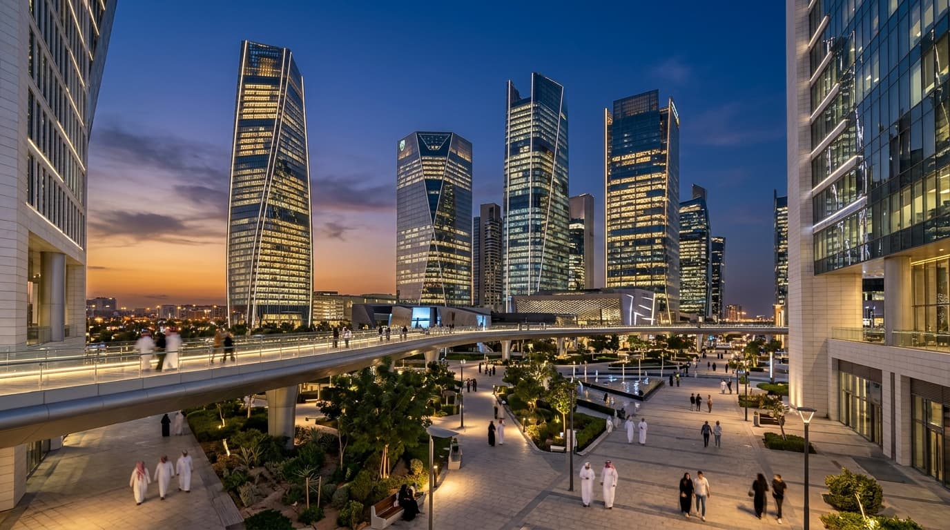 King Abdullah Financial District in Riyadh at twilight - Sovereign Saudi Data Hosting