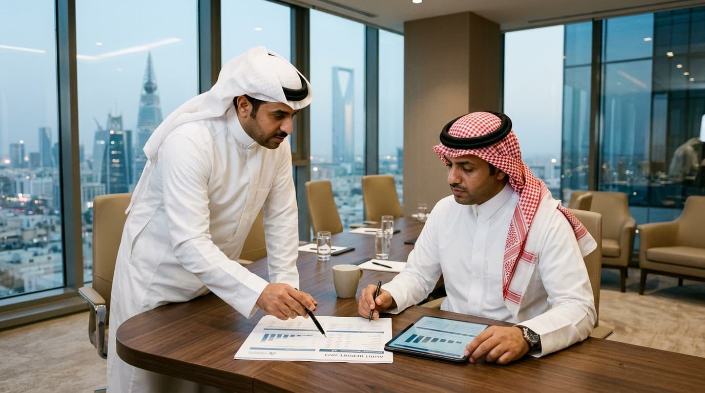 Saudi business leaders and operations managers governing AI teammates in Riyadh